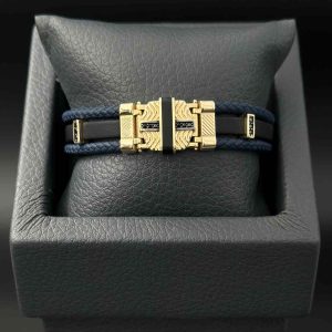 دستبند چرم دورنگ ماربل مینا نگیندار