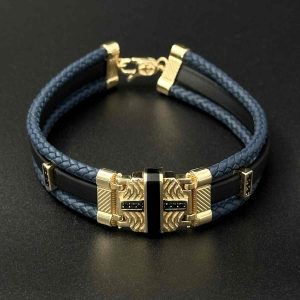 دستبند چرم دورنگ ماربل مینا نگیندار