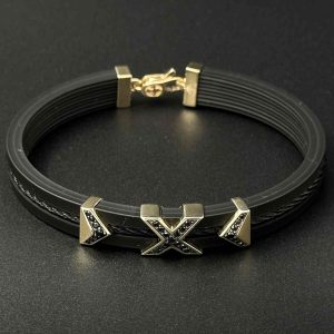 دستبند چرم وسط استیل ایکس نگین دار